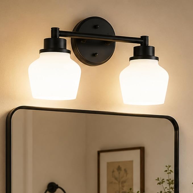 Emak 2-Light Vanity Light, Modern Farmhouse Black Bathroom Fixture Over Mirror With Milk Glass Shade, VL122-BK-ML-2