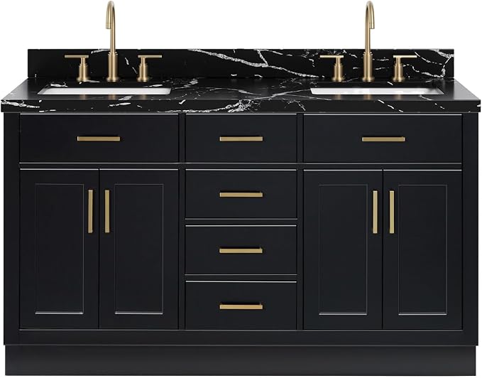 ARIEL Hepburn 60 Inch Double Rectangle Sink Bathroom Vanity with Nero Marquina Black Quartz Countertop 1.5 Inch in Black