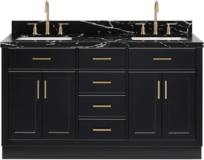 ARIEL Hepburn 60 Inch Double Rectangle Sink Bathroom Vanity with Nero Marquina Black Quartz Countertop 1.5 Inch in Black