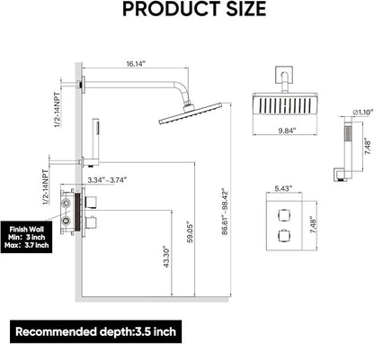 Esnbia Thermostatic Black Shower System, All Metal Shower Faucet Set with 10 Inches Rain Shower Head, Rainfall Shower Heads with Handheld Spray Combo，Anti-Scald Shower Combo Set, Matte Black