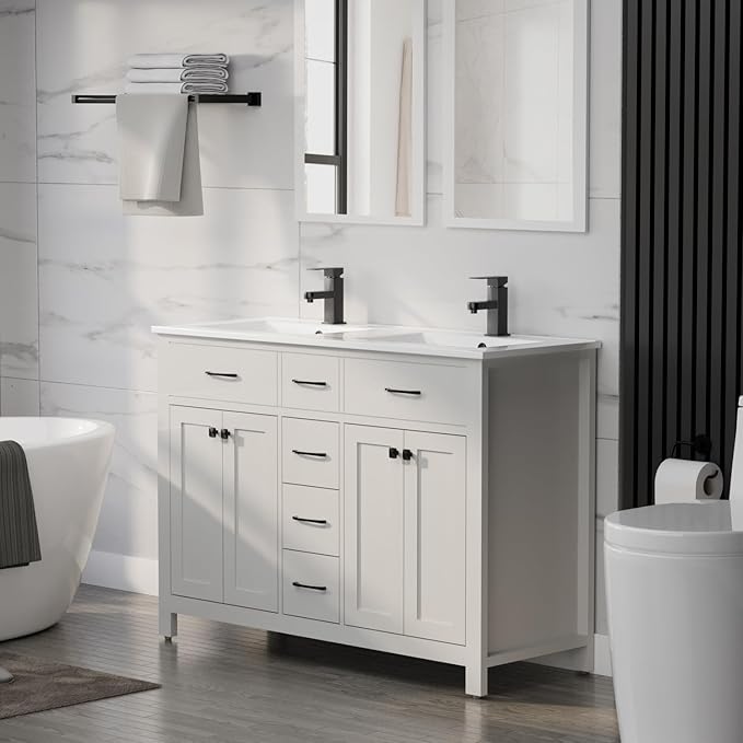 LUCKWIND 48" Modern Bathroom Vanity and Sink, Painted Bathroom Storage Cabinet with Double Sink, Four Doors and Three Drawers, Include Faucet Without Mirror, White