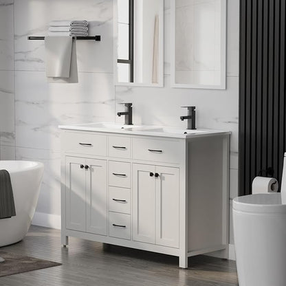 LUCKWIND 48" Modern Bathroom Vanity and Sink, Painted Bathroom Storage Cabinet with Double Sink, Four Doors and Three Drawers, Include Faucet Without Mirror, White