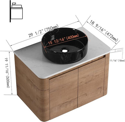 LKTART 30 Inch Floating Bathroom Vanity with Sink, Modern Wall Mounted Bathroom with Soft Close Door, Black Stone Round Ceramic Basin and Sintered Stone Top