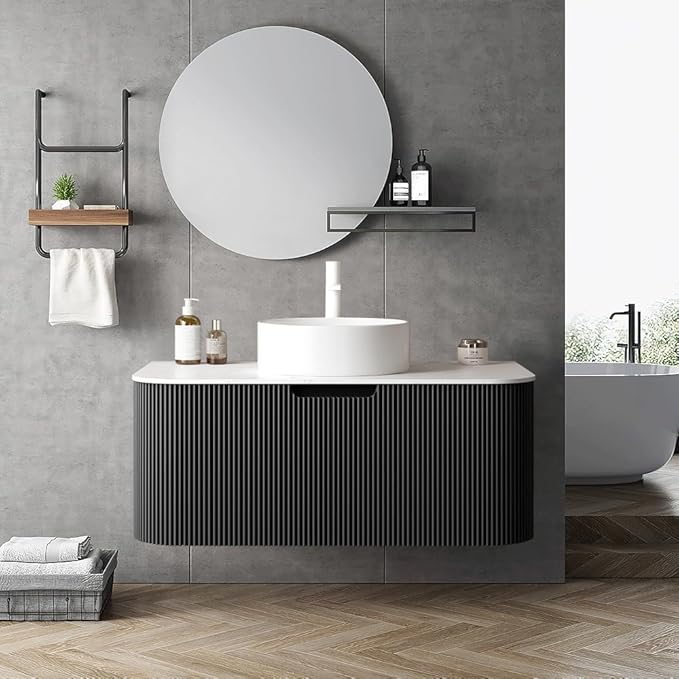 LKTART 36 Inch Floating Bathroom Vanity with Sink, Modern Wall Mounted Bathroom Storage Cabinet with Drawer, Round White Ceramic Sink Top and Marble Texture Top,Black