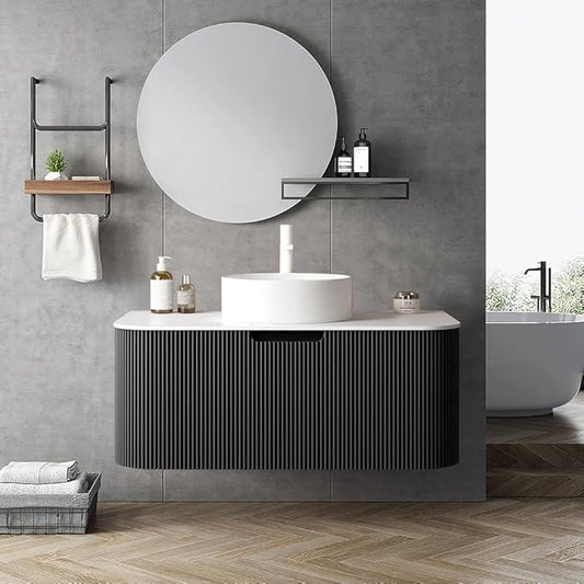 LKTART 36 Inch Floating Bathroom Vanity with Sink, Modern Wall Mounted Bathroom Storage Cabinet with Drawer, Round White Ceramic Sink Top and Marble Texture Top,Black