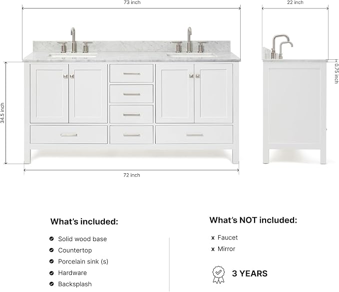 ARIEL Cambridge 72-inch Bathroom Vanity with Sink,Solid Wood, 0.75-inch Italian Carrara Marble Countertop, Double Rectangular Porcelain Sink, 4 Soft Closing Doors, 6 Dovetail Drawers, White