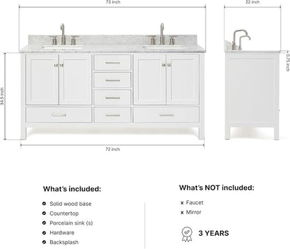 ARIEL Cambridge 72-inch Bathroom Vanity with Sink,Solid Wood, 0.75-inch Italian Carrara Marble Countertop, Double Rectangular Porcelain Sink, 4 Soft Closing Doors, 6 Dovetail Drawers, White