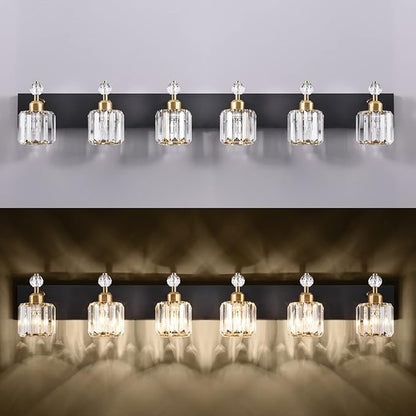 PRESDE Crystal 6 Light Bathroom Vanity Lights Black and Gold Bathroom Lights Fixtures Over Mirror Modern Bedroom Hallway