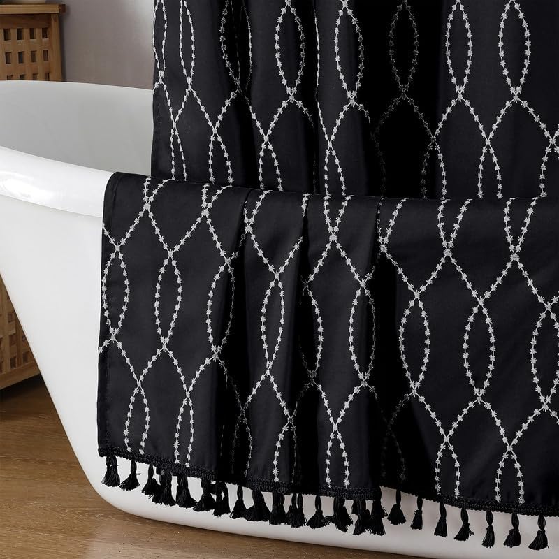 OVZME Black Stall Shower Curtain for Bathroom, Puff Printed Textured Shower Curtain with Tassels, Geometry Heavy Duty Vintage Country Narrow Bathroom Curtain, Water Resistant Fabric, 36Wx72L