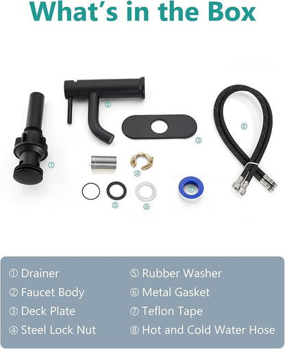 Aolemi Bathroom Faucet Single Hole,Single Handle Bathroom Sink Faucet with Supply Lines,with Pop Up Drain Assembly and Deck Plate,Matte Black