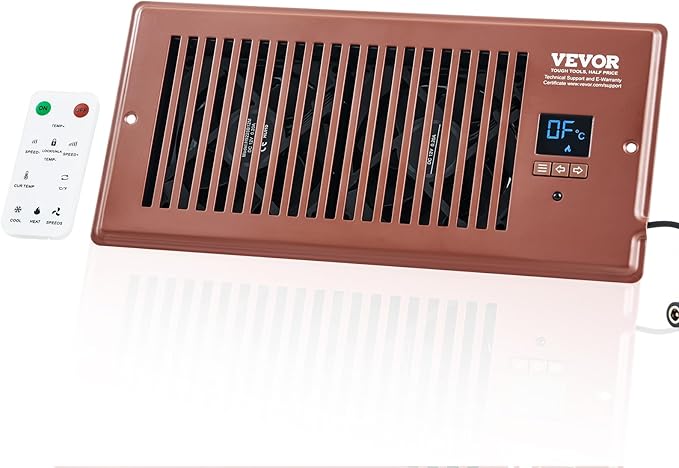 VEVOR Register Booster Fan, Quiet Vent Booster Fan Fits 4” x 10” Register Holes, with Remote Control and Thermostat Control, Adjustable 10-Speed for Heating Cooling Smart Vent, Brown