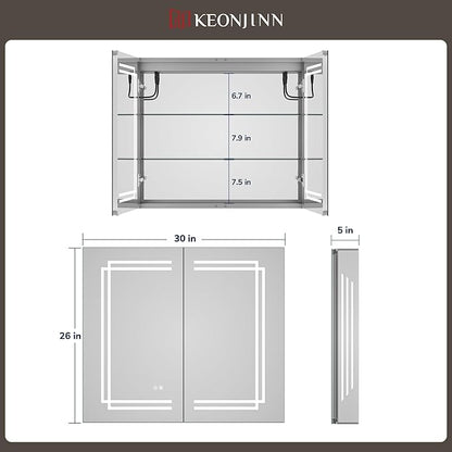 Keonjinn 30 x 26 in LED Medicine Cabinet, Bathroom Mirror Medicine Cabinets with Lights, Double Doors, Tempered Glass, UL-Listed, No Outlets, Adjustable Shelves, 3 Color Lights, Wall Mount Only