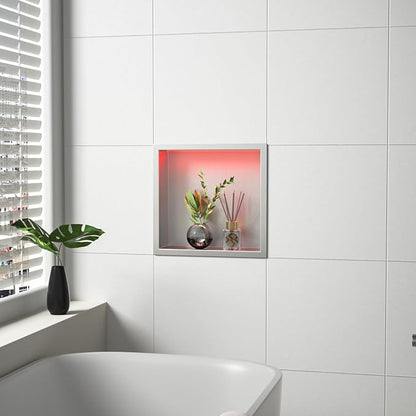 Stainless Steel LED Shower Niche 12" X 12" Brushed with RGB Light Waterproof Hardwired Dimmable No Tile Needed Recessed Wall Niche Shower for Bathroom Storage Over Mount Installation