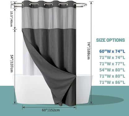 No Hook Waffle Shower Curtain with Snap-in Liner, 60x74 Inch, Charcoal | 230GSM waffle weave fabric, waterproof liner set with 2 bottom magnets, mesh window, washable, for shower stalls or bathrooms