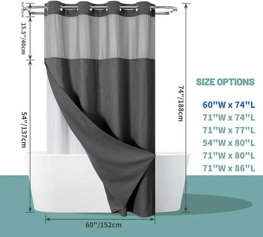 No Hook Waffle Shower Curtain with Snap-in Liner, 60x74 Inch, Charcoal | 230GSM waffle weave fabric, waterproof liner set with 2 bottom magnets, mesh window, washable, for shower stalls or bathrooms