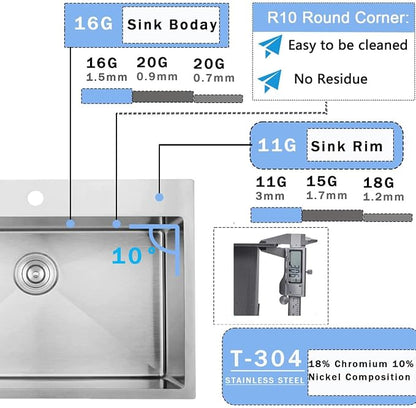VCCUCINE 25x22 Inch Drop in Kitchen Sink 16 Gauge Top Mount Handmade T304 Brushed Nickel Kitchen Sink,Stainless Steel Single Bowl Workstation Topmount Overmount Sink with Strainer