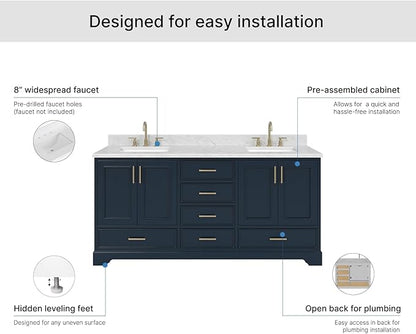 ARIEL Stafford 72-inch Bathroom Vanity with Sink,Solid Wood, 0.75-inch Italian Carrara Marble Countertop, Double Rectangular Porcelain Sink, 4 Soft Closing Doors, 6 Dovetail Drawers, Midnight Blue