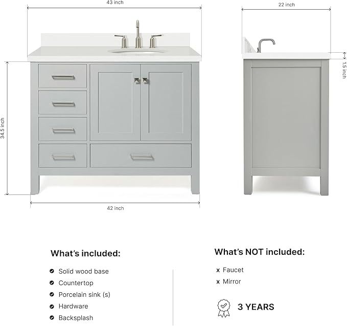 ARIEL Cambridge 42-inch Bathroom Vanity with Sink,Solid Wood, 1.5-inch Pure White Quartz Countertop & Backsplash, Single Oval Porcelain Sink, 2 Soft Closing Doors, 5 Dovetail Drawers, Grey