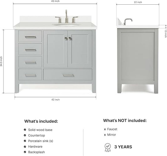 ARIEL Cambridge 42-inch Bathroom Vanity with Sink,Solid Wood, 1.5-inch Pure White Quartz Countertop & Backsplash, Single Oval Porcelain Sink, 2 Soft Closing Doors, 5 Dovetail Drawers, Grey