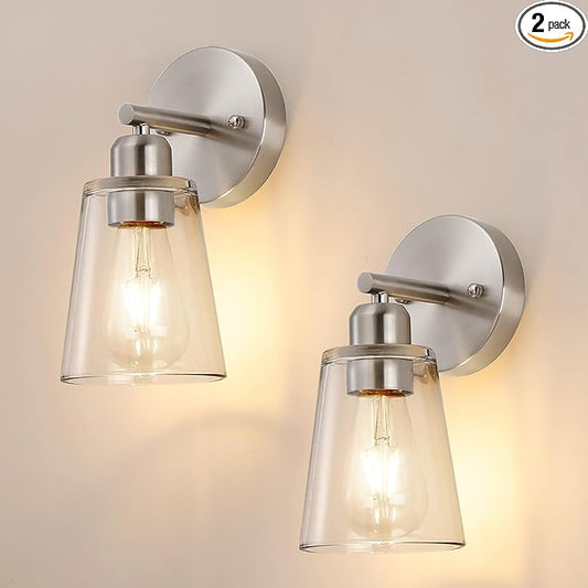 TALOYA 4 Inch Brushed Nickel Bathroom Light Fixtures with Thickend Clear Tapered Glass Shade, Set of 2 Modern Vanity Light for Bathrooms, Bedrooms (Bulbs Not Included)