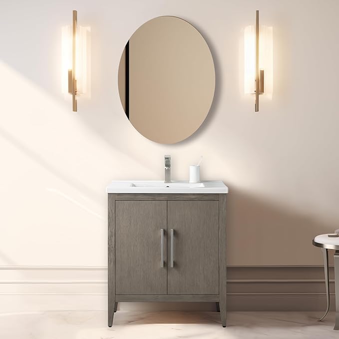 Vanity Art 30 inch Bathroom Vanity with Single Sink & Ceramic Top, Vanity Cabinet with Soft-Closing Doors, Solid Wood Frame, Driftwood Gray, VA9030-DG-BN1