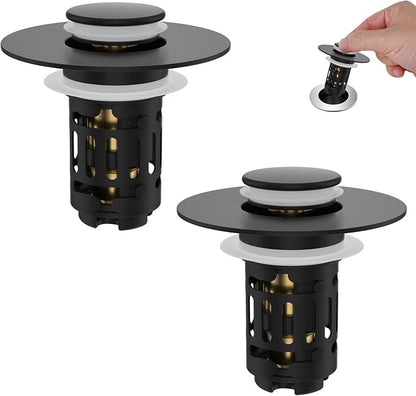 Hibbent 2 Pack Universal Bathroom Sink Drain Strainer, 3 in 1 Pop Up Stopper, Removable Stainless Steel Filter Basket, Brass Bullet Core, Hair Catcher Sink Plug for 1.1''~2.36'' Hole, Matte Black