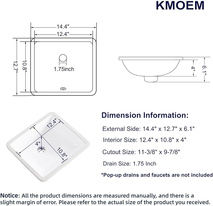 Small Undermount Bathroom Sink 14x13 Inch Vessel Sink White Porcelain Ceramic Under Counter Lavatory Vanity Sink Basin Rectangular Undermount Sinks with Overflow