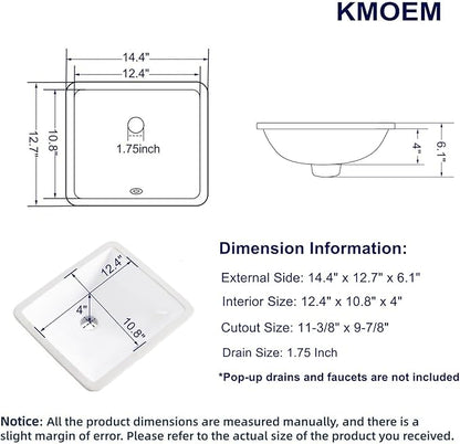 Small Undermount Bathroom Sink 14x13 Inch Vessel Sink White Porcelain Ceramic Under Counter Lavatory Vanity Sink Basin Rectangular Undermount Sinks with Overflow