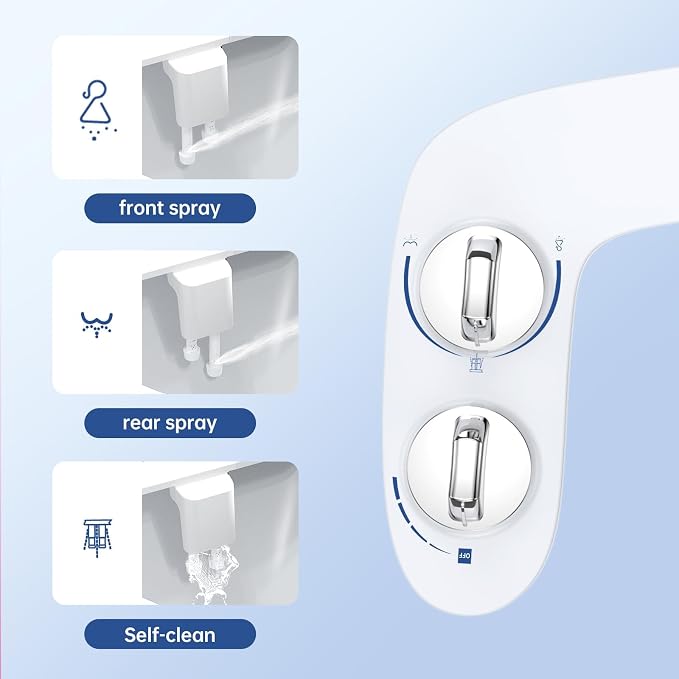 Bidet Attachment for Toilet Seat, Dual Nozzle Rear/Feminine Wash, Self Cleaning Sprayer, Non Electric Bidet with Adjustable Cold Water Pressure