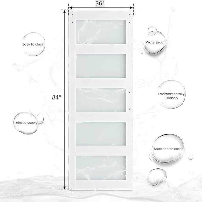 SMARTSTANDARD 36" x 84" Glass Barn Door with 6.6FT Hardware Kit Included | 5-Panel Glass, DIY Assembly Required, Waterproof PVC Coating, Pure White