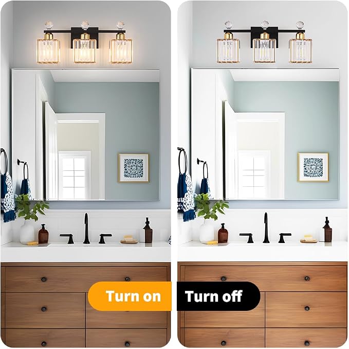 Lxybcce Bathroom Vanity Lights Over Mirror - Easy Installation with Clear Guide, 3-Light Shadow-Free Design, Black and Gold Crystal Finish - for Modern Home Bathroom Lighting Fixtures in DIY Projects