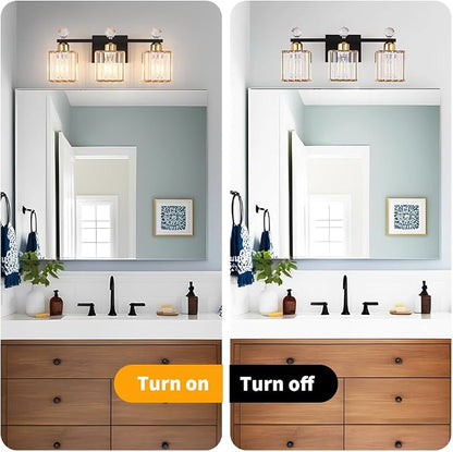 Lxybcce Bathroom Vanity Lights Over Mirror - Easy Installation with Clear Guide, 3-Light Shadow-Free Design, Black and Gold Crystal Finish - for Modern Home Bathroom Lighting Fixtures in DIY Projects