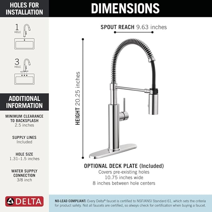 Delta Antoni Pro Style Commercial Kitchen Faucet with Pull Down Sprayer, Chrome Single Hole Kitchen Sink Faucet, Single Handle, Chrome 18803-DST