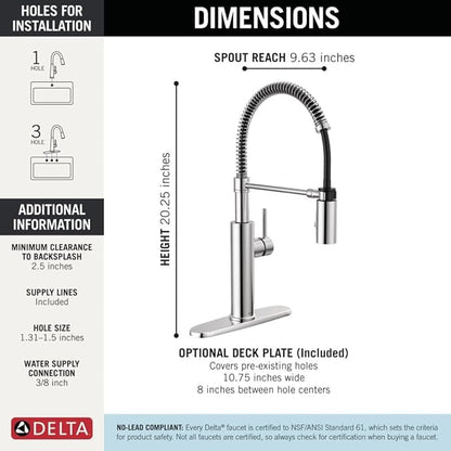 Delta Antoni Pro Style Commercial Kitchen Faucet with Pull Down Sprayer, Chrome Single Hole Kitchen Sink Faucet, Single Handle, Chrome 18803-DST