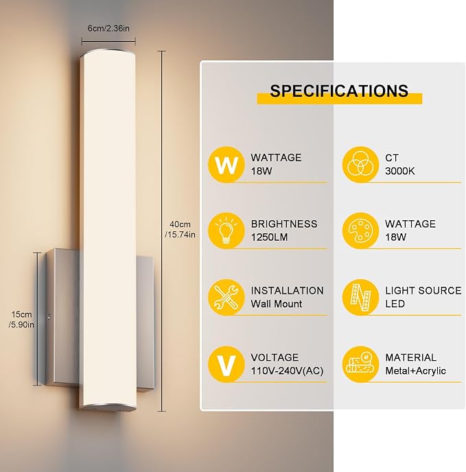 15.7 Inches Modern Bathroom Led Wall Sconces,18W 3000K Hardwired Wall Light with White Acrylic Lampshade,Indoor Bathroom Vanity Light for Mirror Bedroom Living Room Hallway(Nickel,2Pack)