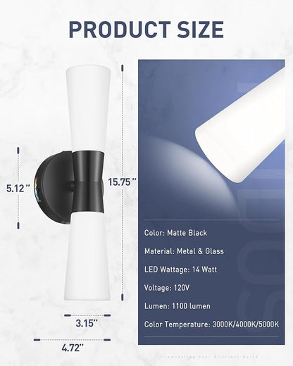 kudos 16 Inch Black Vanity Lights, Milk White Glass, 3CCT, KDVL13-BK | LED, 14W, 1100 Lumens, 3000K, 4000K and 5000K Selectable, Hardwired,for Bathrooms and Bedrooms