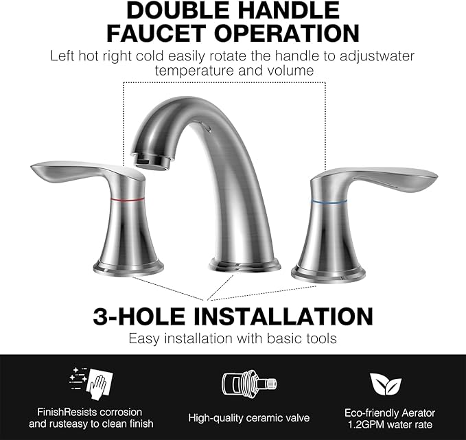 Bathroom Faucet, 8 Inch Bathroom Faucets for Sink 3 Hole, Widespread Brushed Nickel Bathroom Faucet with Pop up Drain and cUPC Lead-Free Hose (Brushed Nickel)