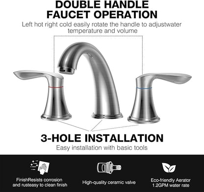 Bathroom Faucet, 8 Inch Bathroom Faucets for Sink 3 Hole, Widespread Brushed Nickel Bathroom Faucet with Pop up Drain and cUPC Lead-Free Hose (Brushed Nickel)