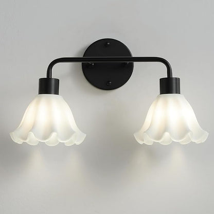 2 Light Black Bathroom Light Fixture,Modern Black Vanity Lighting Over Mirror,Cute White Glass Flower Lampshade,Wall Sconces,E26 Socket(Bulbs Not Included)