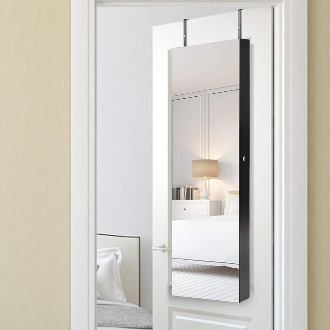 Giantex Wall Door Mounted Jewelry Armoire Cabinet with 47.5" H Full Length Mirror, 2 LEDs Lockable Jewelry Organizer Box with Bracelet Rod, 2 Drawers, Large Storage Capacity (Espresso)