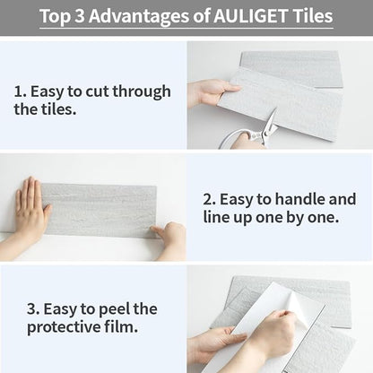 AULIGET 2-Piece Light Shale Peel and Stick Backsplash Wall Tiles, 6" x 12" PVC Faux Stone Stick on Tile for Backsplash Kitchen, Bathroom, Laundry Room, Camper, Fireplace