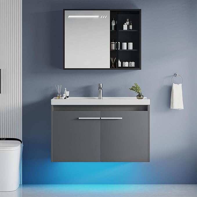 4ever2buy 31" Floating Bathroom Vanity with Sink, Modern Bathroom Vanity with LED Light, Wall Mounted Sink Cabinet with 2 Doors, Grey