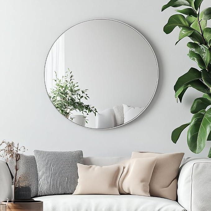 Round Mirror, 24 inch Silver Circle Mirror,Bruhsed Nickel Metal Frame | High Definition,Waterproof,Rust-resistant, Round Mounted Mirrors for Bathroom,Living Room,Bedroom,Hallyway,Vanity,Wall Décor