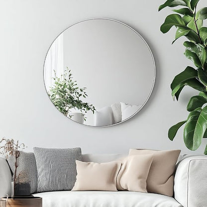 Round Mirror, 24 inch Silver Circle Mirror,Bruhsed Nickel Metal Frame | High Definition,Waterproof,Rust-resistant, Round Mounted Mirrors for Bathroom,Living Room,Bedroom,Hallyway,Vanity,Wall Décor