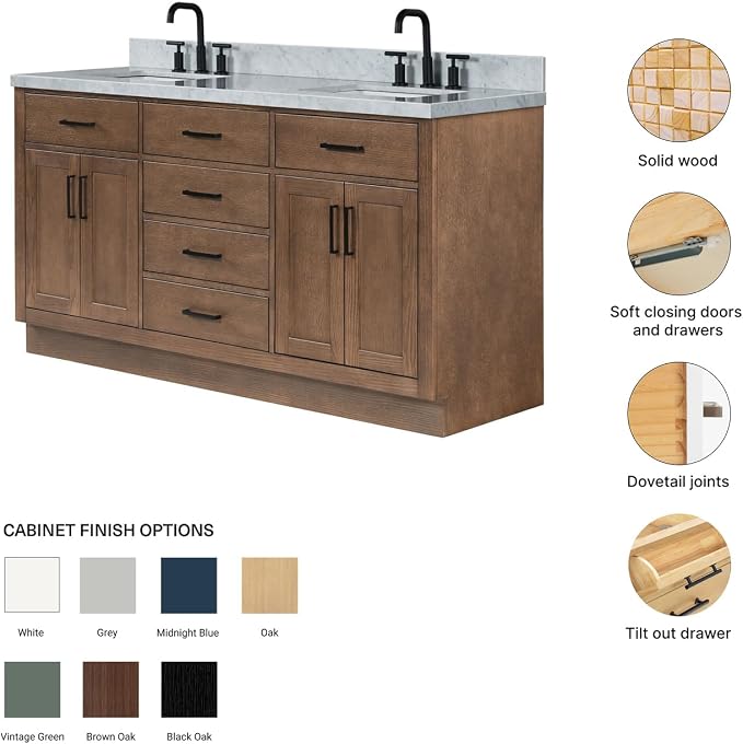 Isabella 66-Inch Brown Oak Double Bathroom Vanity with Sink, 1.5-Inch Edge Italian Carrara Marble Countertop & 4" Backsplash, Soft-Closing Doors & Drawers, Solid Oak Wood Construction