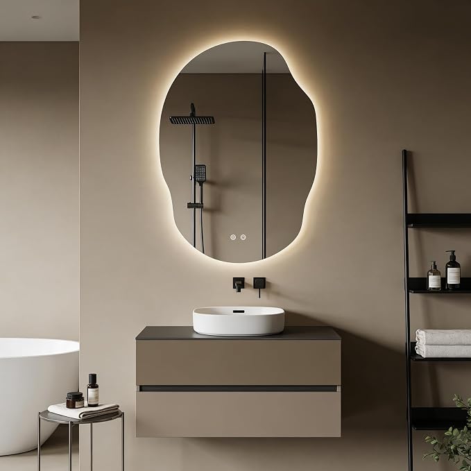 Backlit LED Bathroom Vanity Mirror with Lights, Irregular Asymmetrical Design,45" H x 32" W, Anti-Fog, Dimmable 3 Color Lighting, Memory, Hardwired Mount, Supports Horizontal & Vertical
