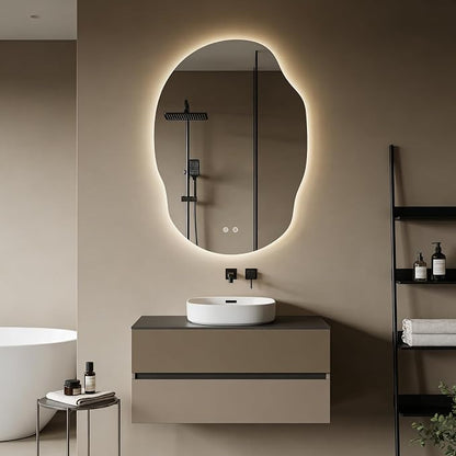 Backlit LED Bathroom Vanity Mirror with Lights, Irregular Asymmetrical Design,45" H x 32" W, Anti-Fog, Dimmable 3 Color Lighting, Memory, Hardwired Mount, Supports Horizontal & Vertical