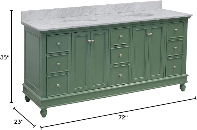 Bella 72-inch Double Bathroom Vanity (Carrara/Sage Green): Includes Sage Green Cabinet with Authentic Italian Carrara Marble Countertop and White Ceramic Sinks