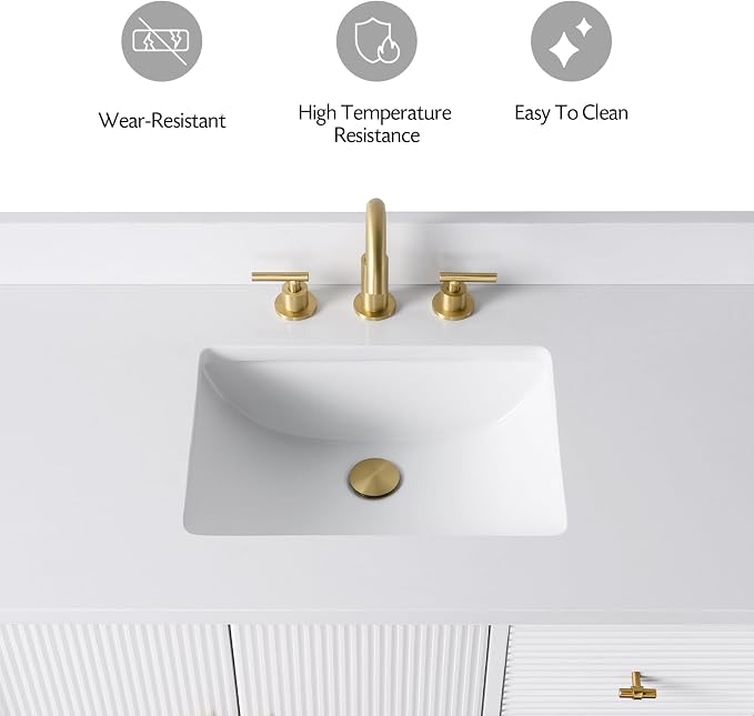 Vanity Art 42" Bathroom Vanity with Single Sink & Arabescato White Engineered Stone Top, Vanity Cabinet with Soft Closing Door, Solid Wood Frame, Golden Brushed Handles, White VA8142-W-GB