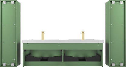 Blossom 60 Inch Double Sink Bathroom Vanity with Side Cabinets, All Wood Wall Mounted Floating Bathroom Vanity Cabinet with Acrylic Sinks, Soft-Close Drawers, Bathroom Vanities, Aventurine Green